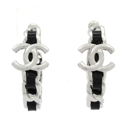 Chanel Earrings CC Logo Silver Black Hoop Chain