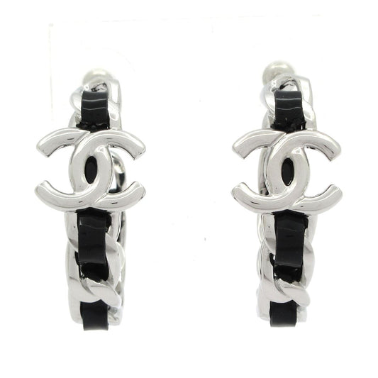 Chanel Earrings CC Logo Silver Black Hoop Chain