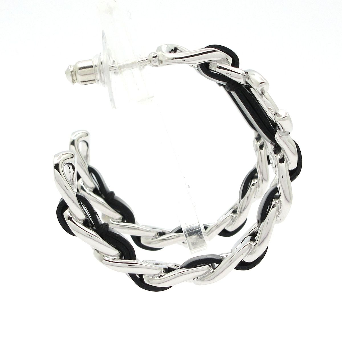 Chanel Earrings CC Logo Silver Black Hoop Chain — view 2