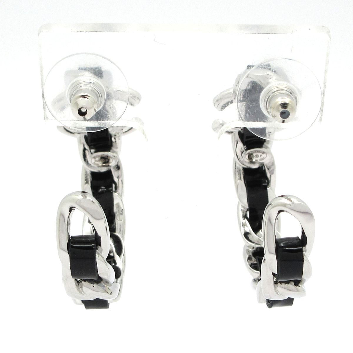 Chanel Earrings CC Logo Silver Black Hoop Chain — view 3