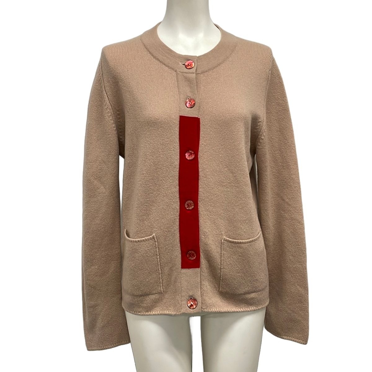 Chanel Cardigan 38 M Pink Beige Red Chain Cashmere