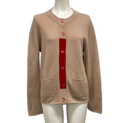 Chanel Cardigan 38 M Pink Beige Red Chain Cashmere