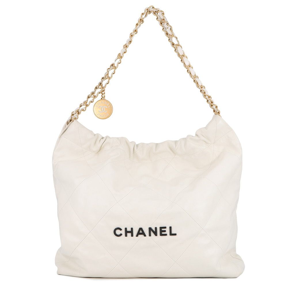 Chanel Chain Shoulder Bag 22 Small Shiny Calfskin White