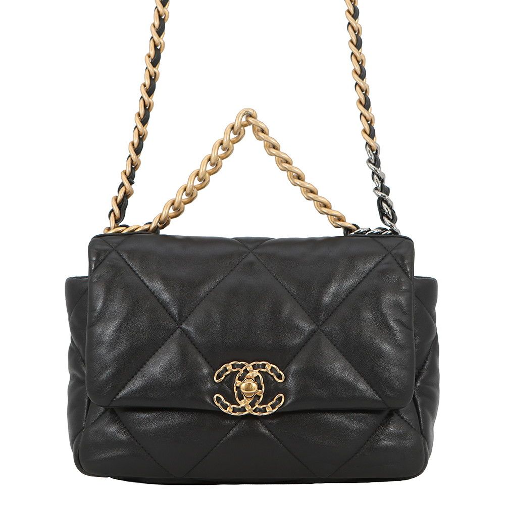Chanel Chain Shoulder Bag 19 CC Logo Shiny Lambskin Black