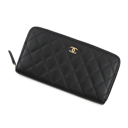 Chanel Wallet Classic Long Zip CC Logo Quilted Caviar Leather Black