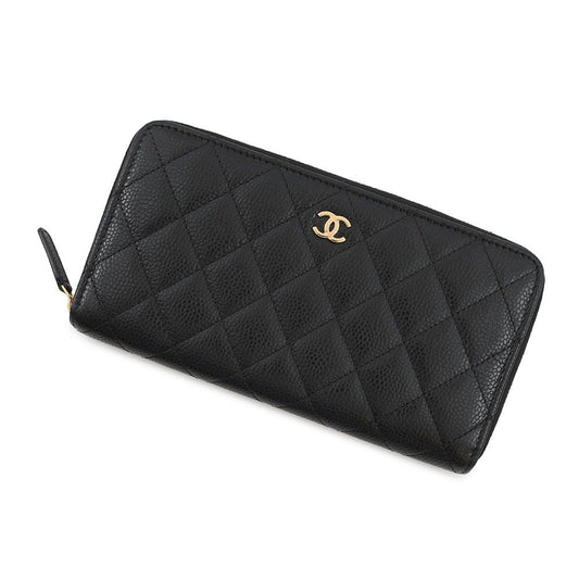 Chanel Wallet Classic Long Zip CC Logo Quilted Caviar Leather Black