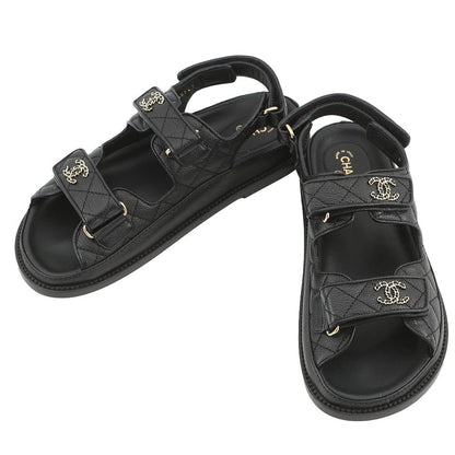 Chanel Sandals CC Logo Quilted Leather 38c Shoes Black