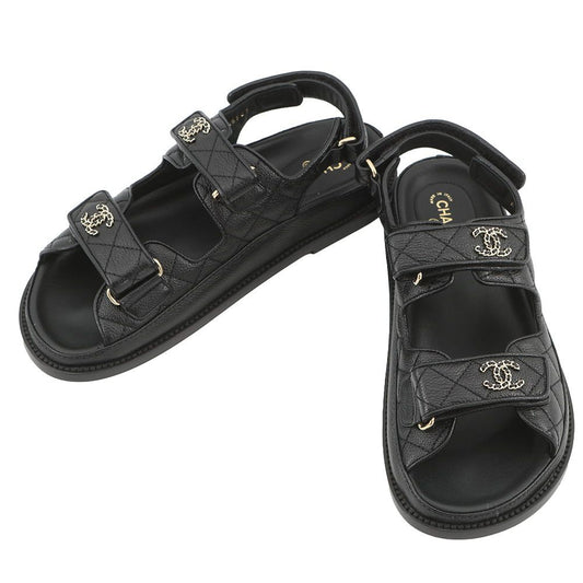 Chanel Sandals CC Logo Quilted Leather 38c Shoes Black