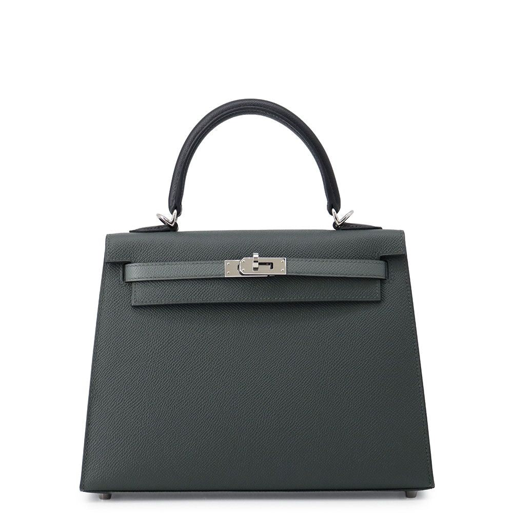 Hermes Kelly 25 Sellier Tricolor Vert Mangalore Almond Black Silver Epsom 2-Way