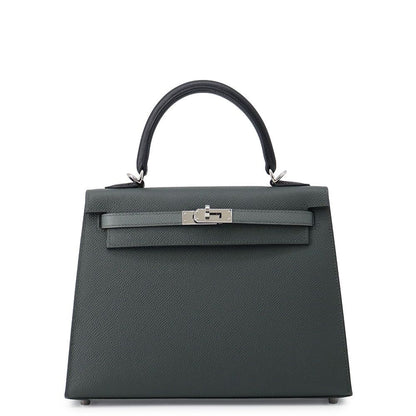 Hermes Kelly 25 Sellier Tricolor Vert Mangalore Almond Black Silver Epsom 2-Way