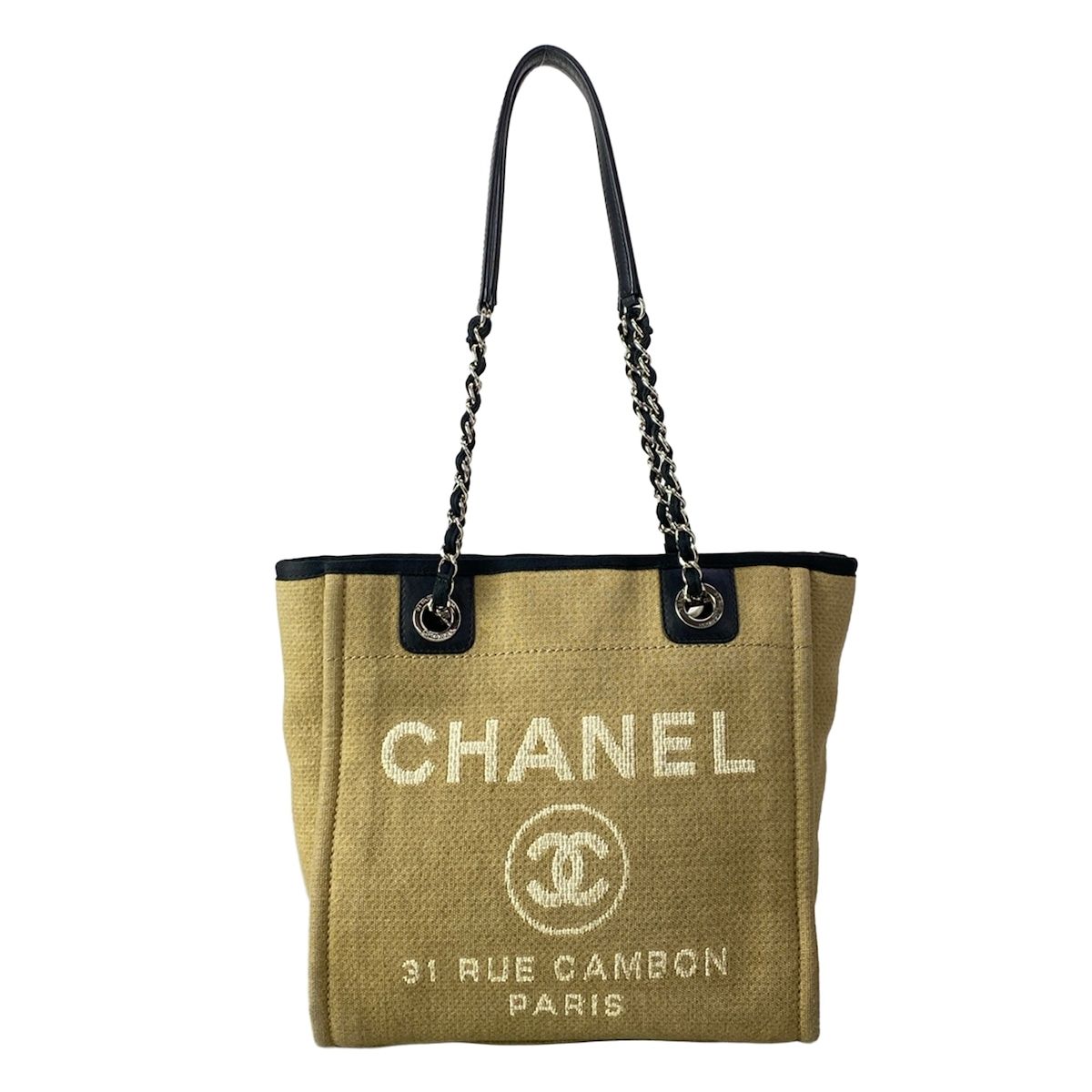 Chanel Tote Deauville Line PM Beige Black White Chain Shoulder Silver Leather