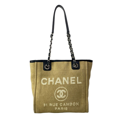 Chanel Tote Deauville Line PM Beige Black White Chain Shoulder Silver Leather