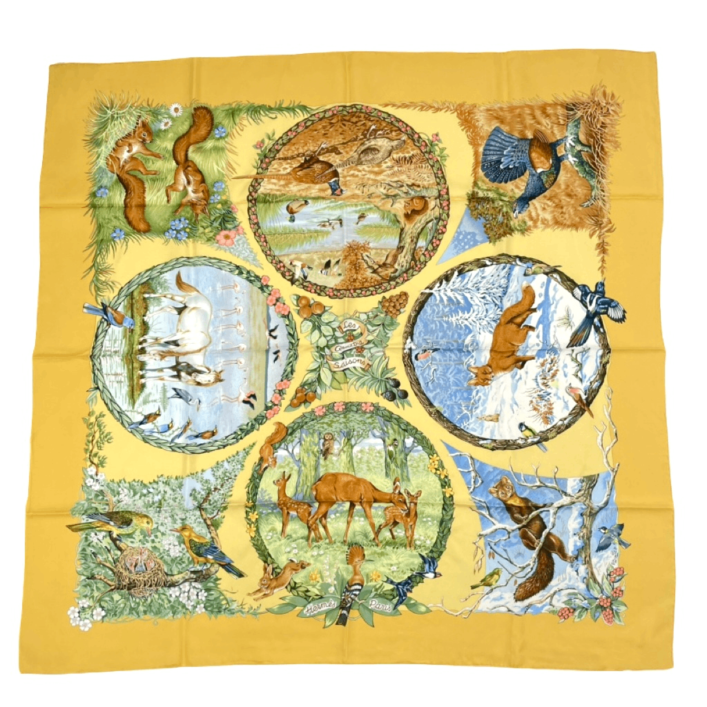 Hermes Carre 90 les Quatre Saisons Four Seasons Silk Scarf Yellow