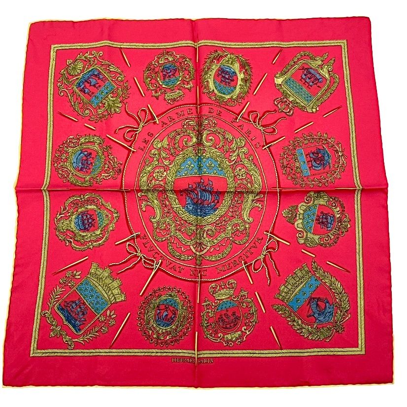 Hermes les Armes de Paris Coat of Arms of Scarf Silk Red Multicolor