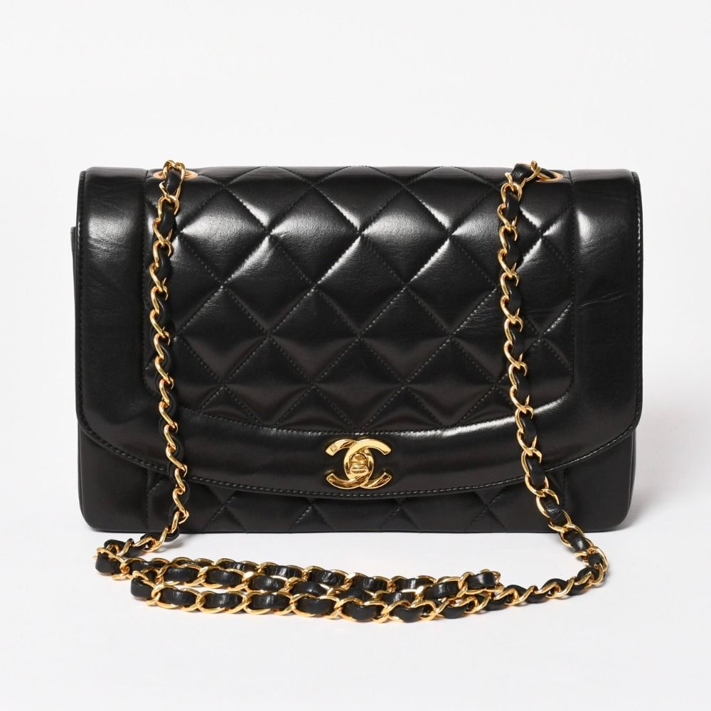 Chanel Diana Quilted 25 S Flap S Chain Shoulder Bag CC Logo Lambskin Black