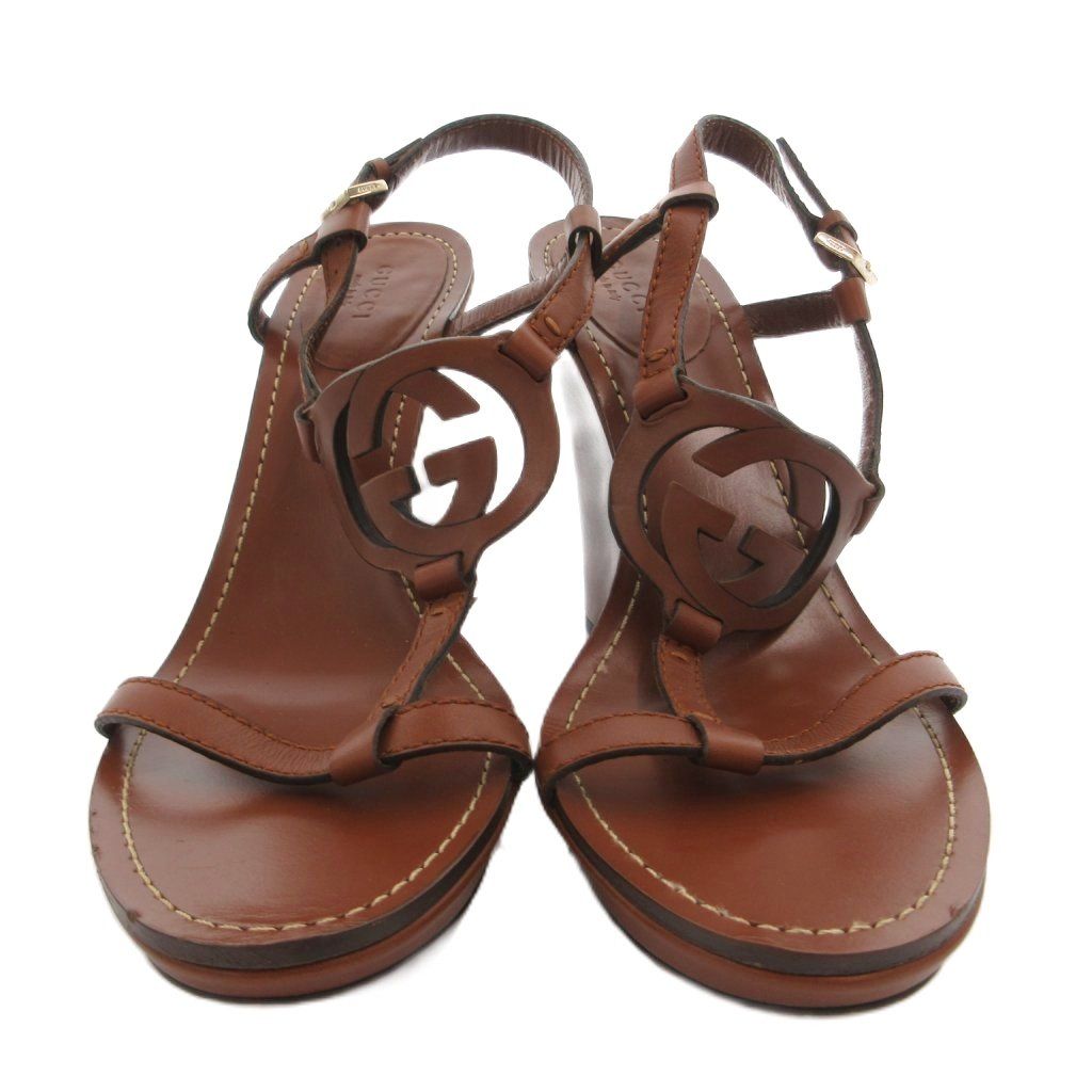 Gucci Wedge Sole Sandals Strap Logo Leather 38.5 Brown — view 4