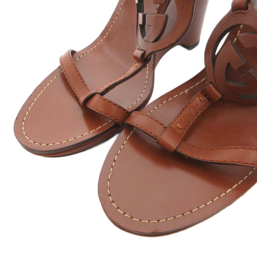 Gucci Wedge Sole Sandals Strap Logo Leather 38.5 Brown — view 3