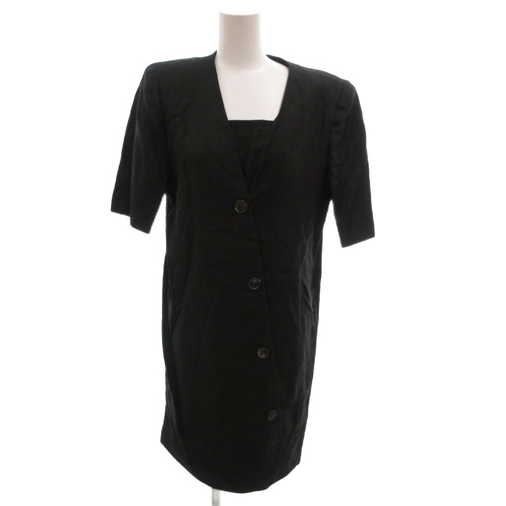 Celine Vintage Dress Linen V-neck Short Sleeve Knee Length 36 Black
