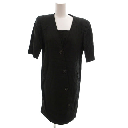 Celine Vintage Dress Linen V-neck Short Sleeve Knee Length 36 Black
