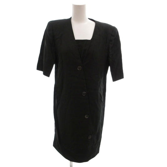 Celine Vintage Dress Linen V-neck Short Sleeve Knee Length 36 Black