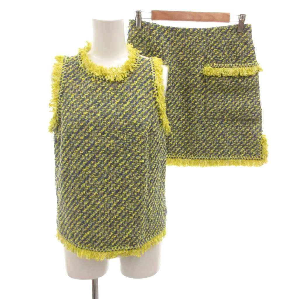 Louis Vuitton Vintage Tag Tweed Suit Top Skirt Tight Fringe Short Sleeveless 34