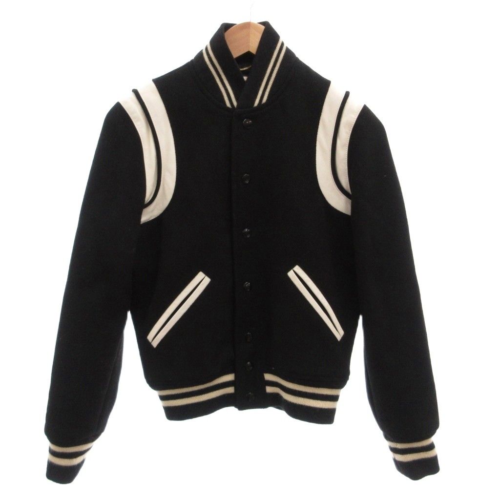 Saint Laurent Paris Teddy Jacket Leather Trim Varsity Snap Button 36 Black