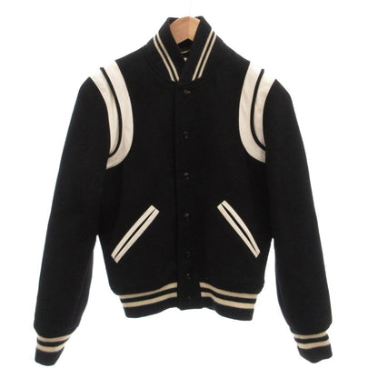 Saint Laurent Paris Teddy Jacket Leather Trim Varsity Snap Button 36 Black