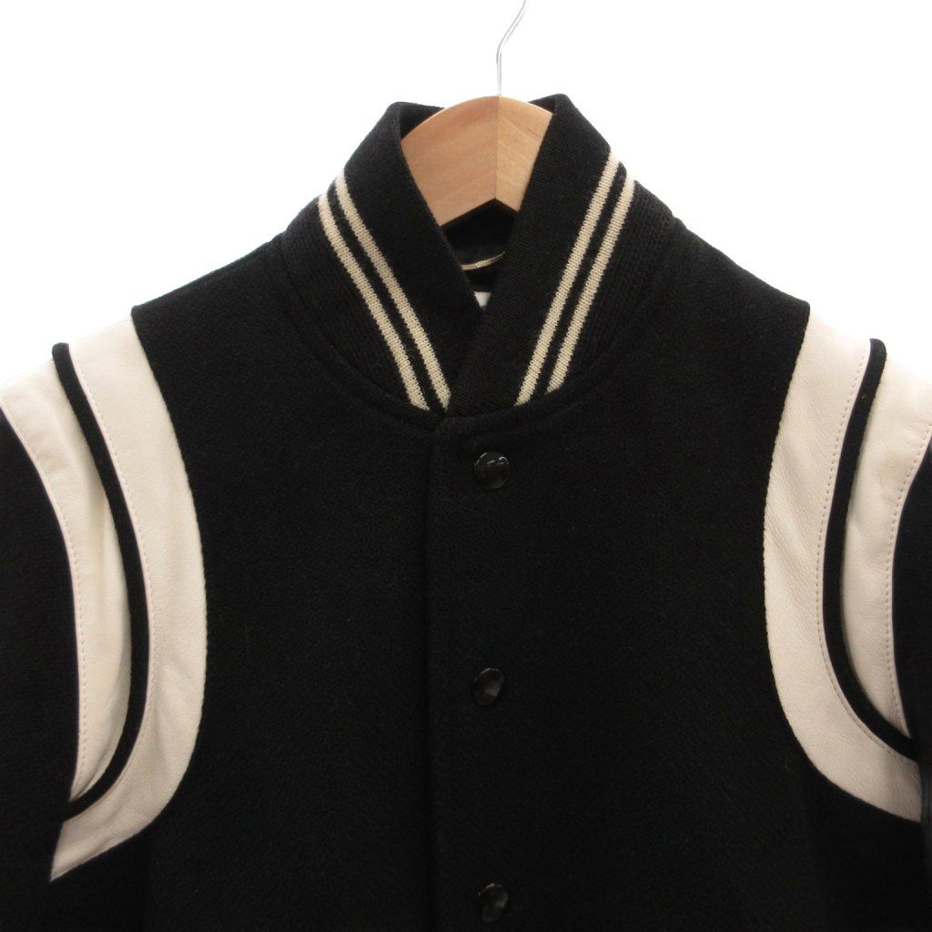Saint Laurent Paris Teddy Jacket Leather Trim Varsity Snap Button 36 Black — view 3