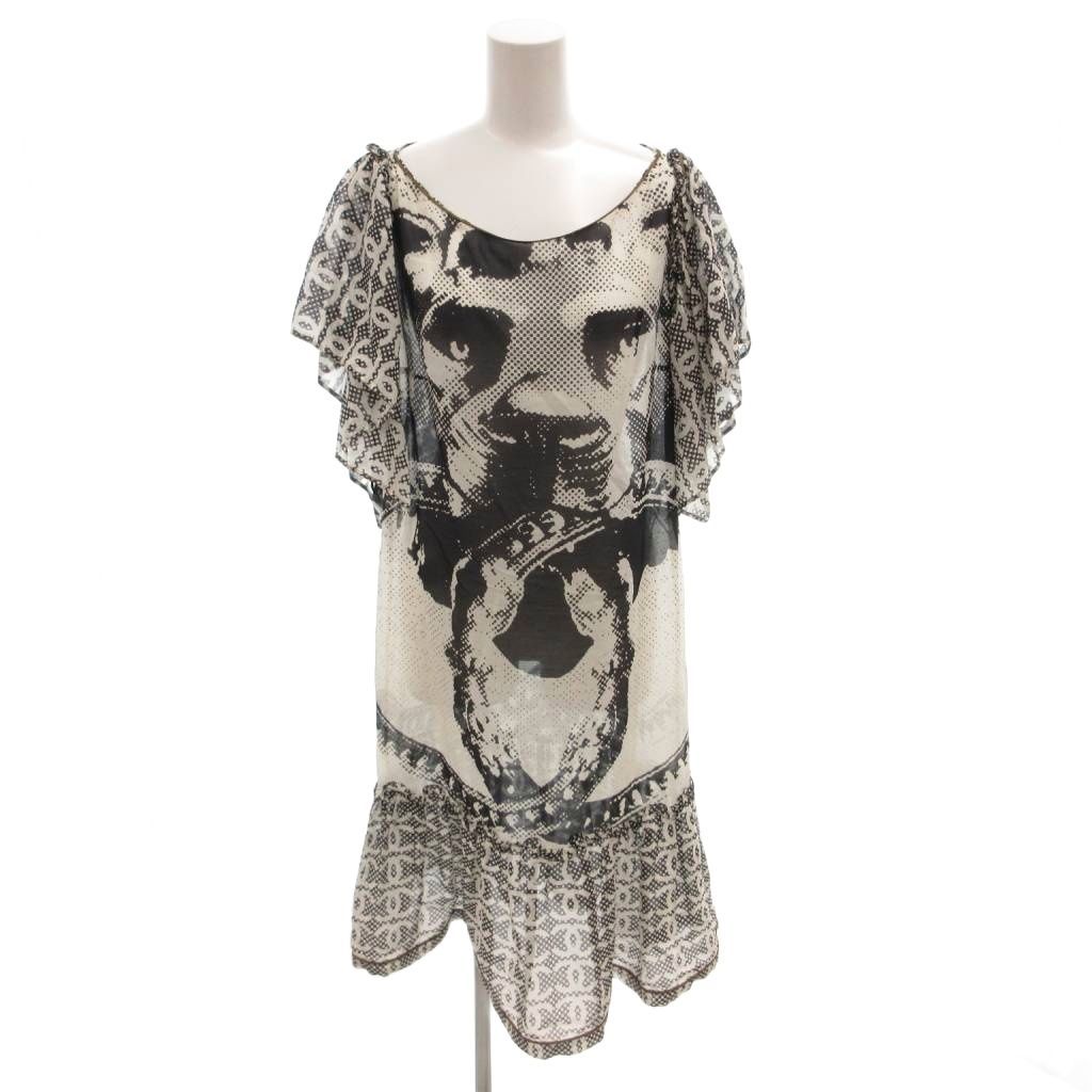 Chanel Dress CC Logo Allover Print Bicolor Silk Blend Short Sleeve 38 Black