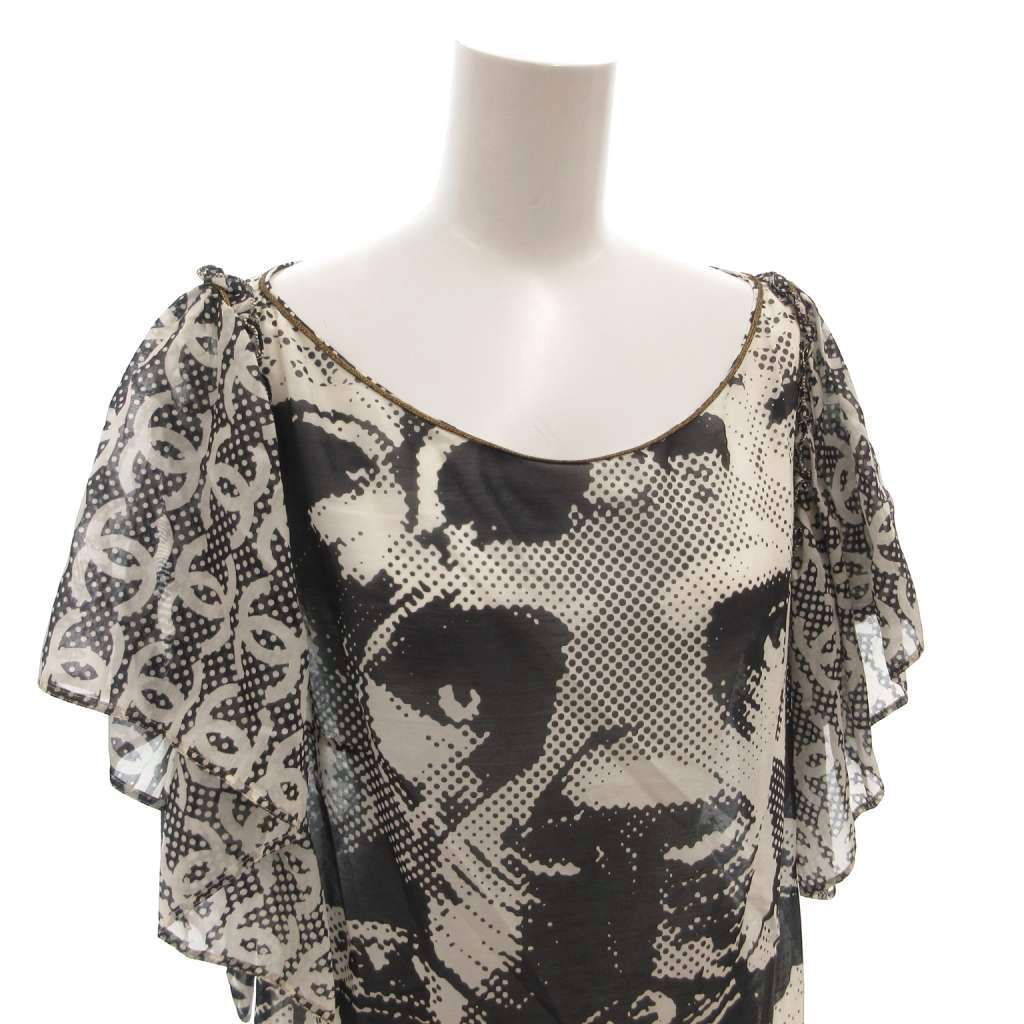 Chanel Dress CC Logo Allover Print Bicolor Silk Blend Short Sleeve 38 Black — view 4