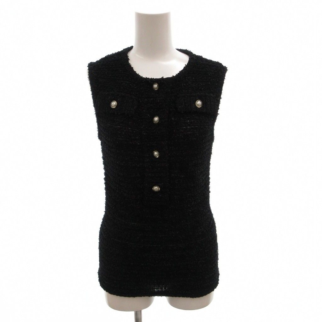 Chanel Knit Top Pullover Sleeveless Tweed CC Logo Button 36 Black Sweater