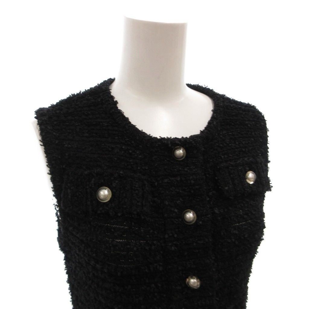 Chanel Knit Top Pullover Sleeveless Tweed CC Logo Button 36 Black Sweater — view 4