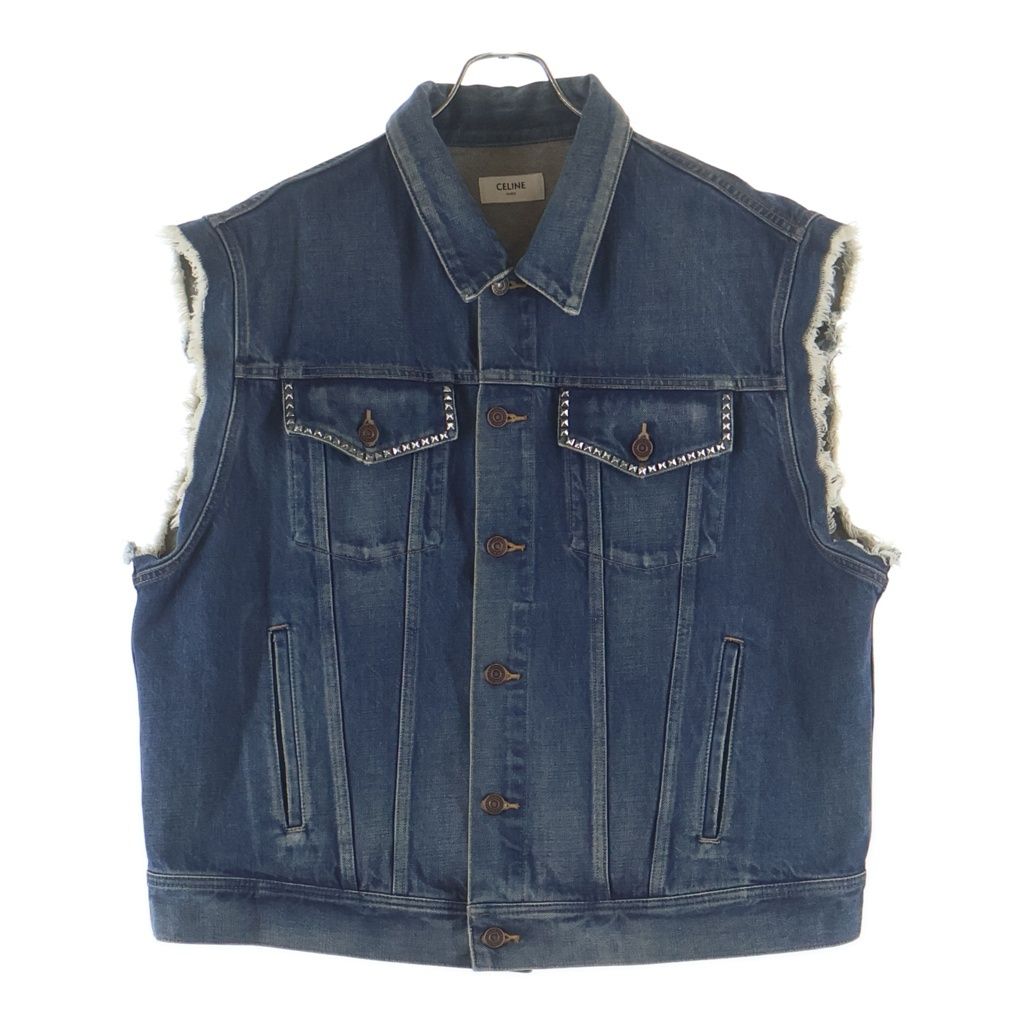 Celine Embroidery Studded Tracker Denim Vest Indigo Blue — view 2