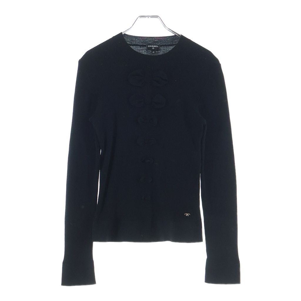 Chanel CC Logo Plate Ribbon Crew Neck Wool Long Sleeve Pullover Sweater Black