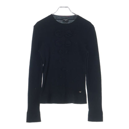Chanel CC Logo Plate Ribbon Crew Neck Wool Long Sleeve Pullover Sweater Black