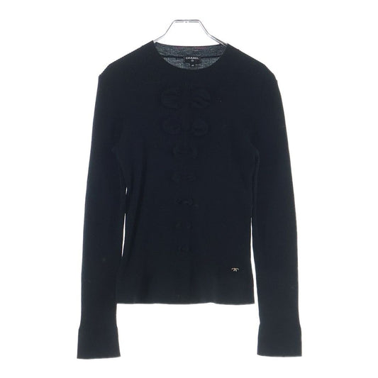 Chanel CC Logo Plate Ribbon Crew Neck Wool Long Sleeve Pullover Sweater Black