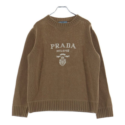 Prada Logo Cashmere Wool Crew Neck Sweater Brown