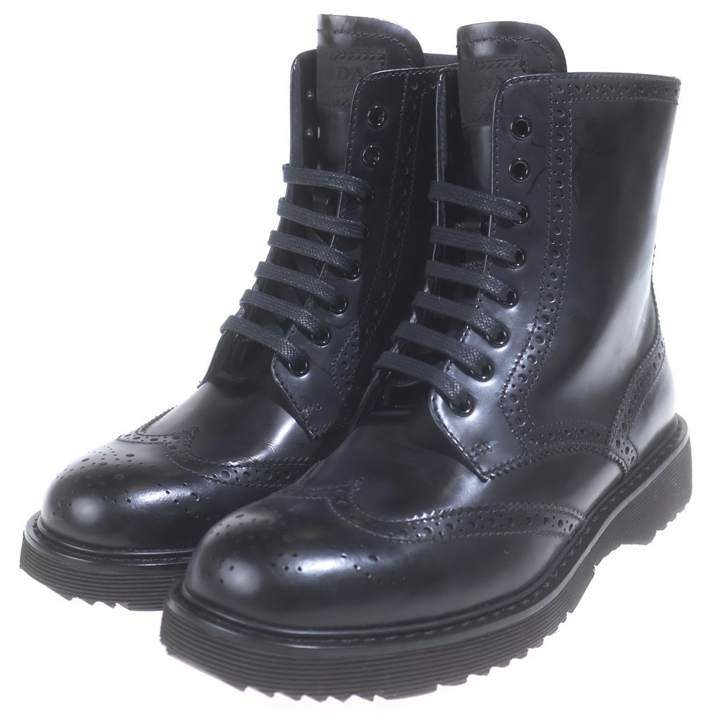 Prada Sport Wingtip Side Zip Leather Lace Up Boots Black — view 2