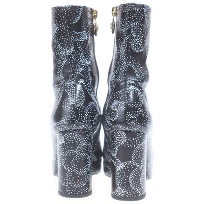 Chanel Camellia Printed Ankle Boots CC Logo Charm Leather Heels Black — view 3