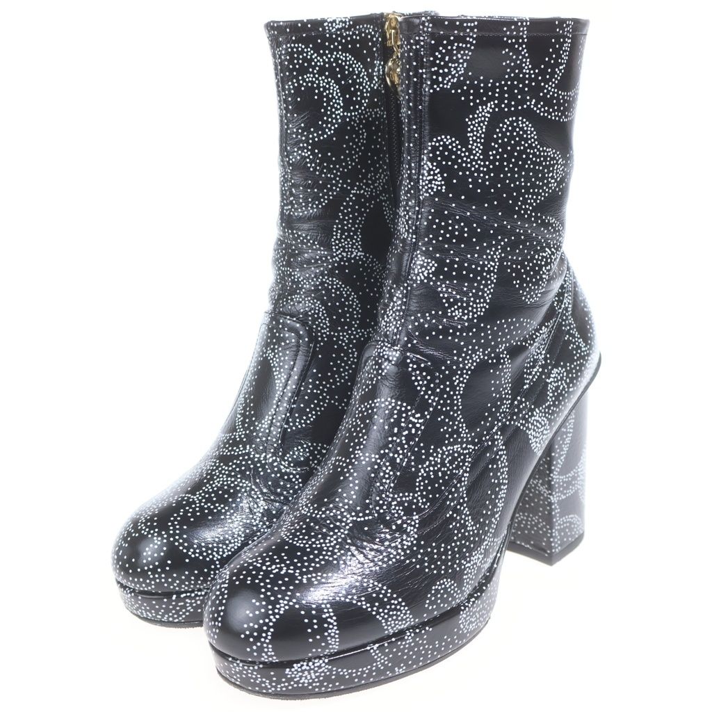 Chanel Camellia Printed Ankle Boots CC Logo Charm Leather Heels Black — view 2