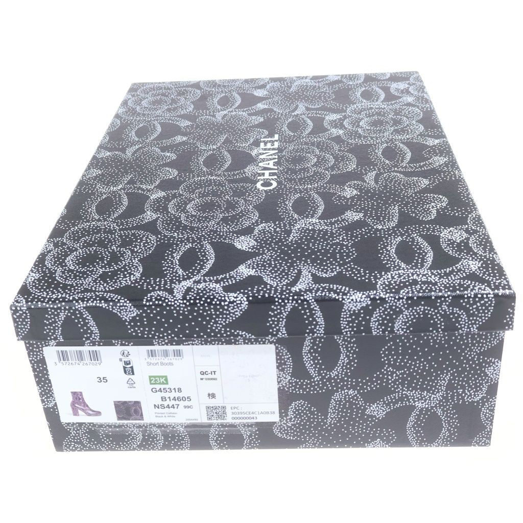 Chanel Camellia Printed Ankle Boots CC Logo Charm Leather Heels Black — view 7