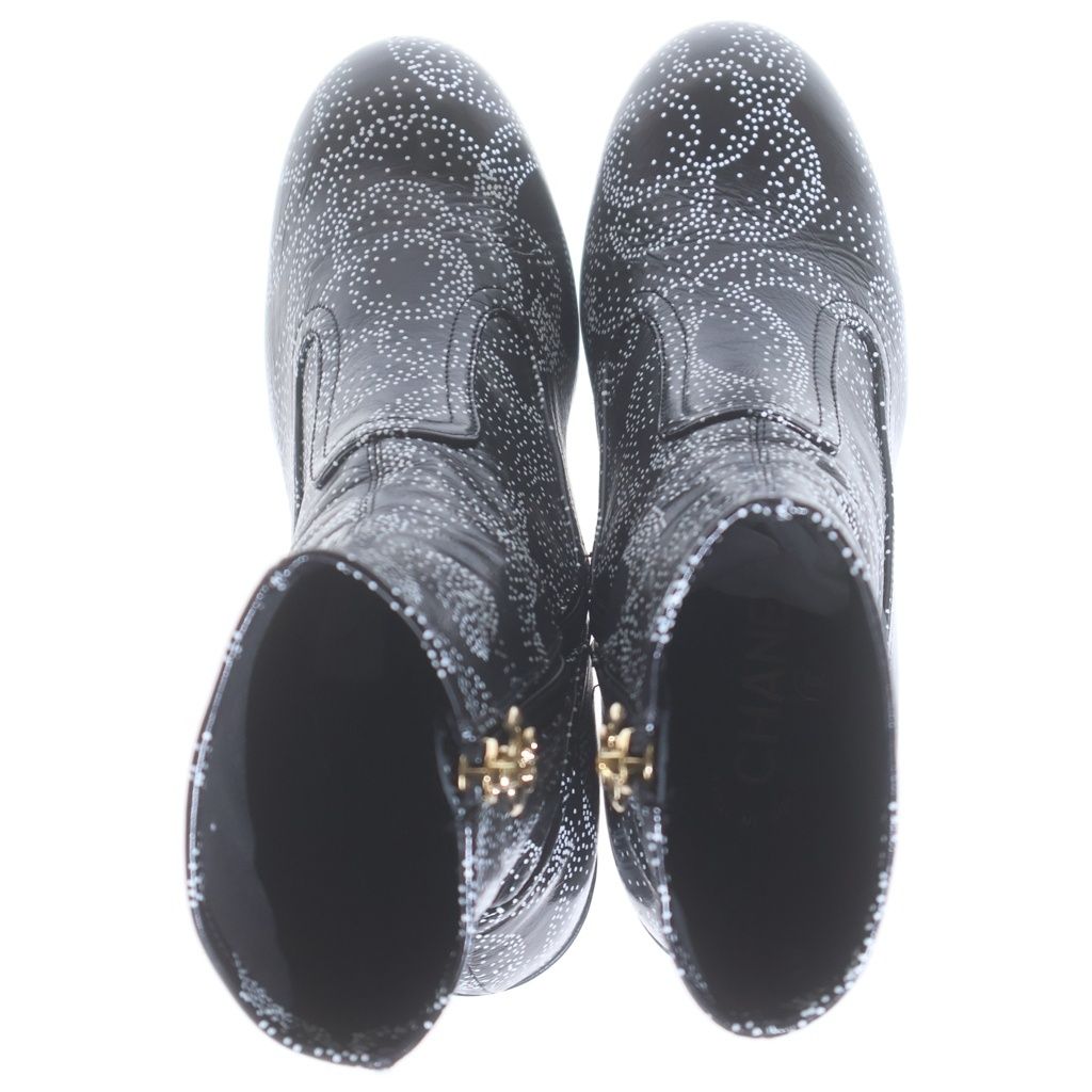 Chanel Camellia Printed Ankle Boots CC Logo Charm Leather Heels Black — view 4