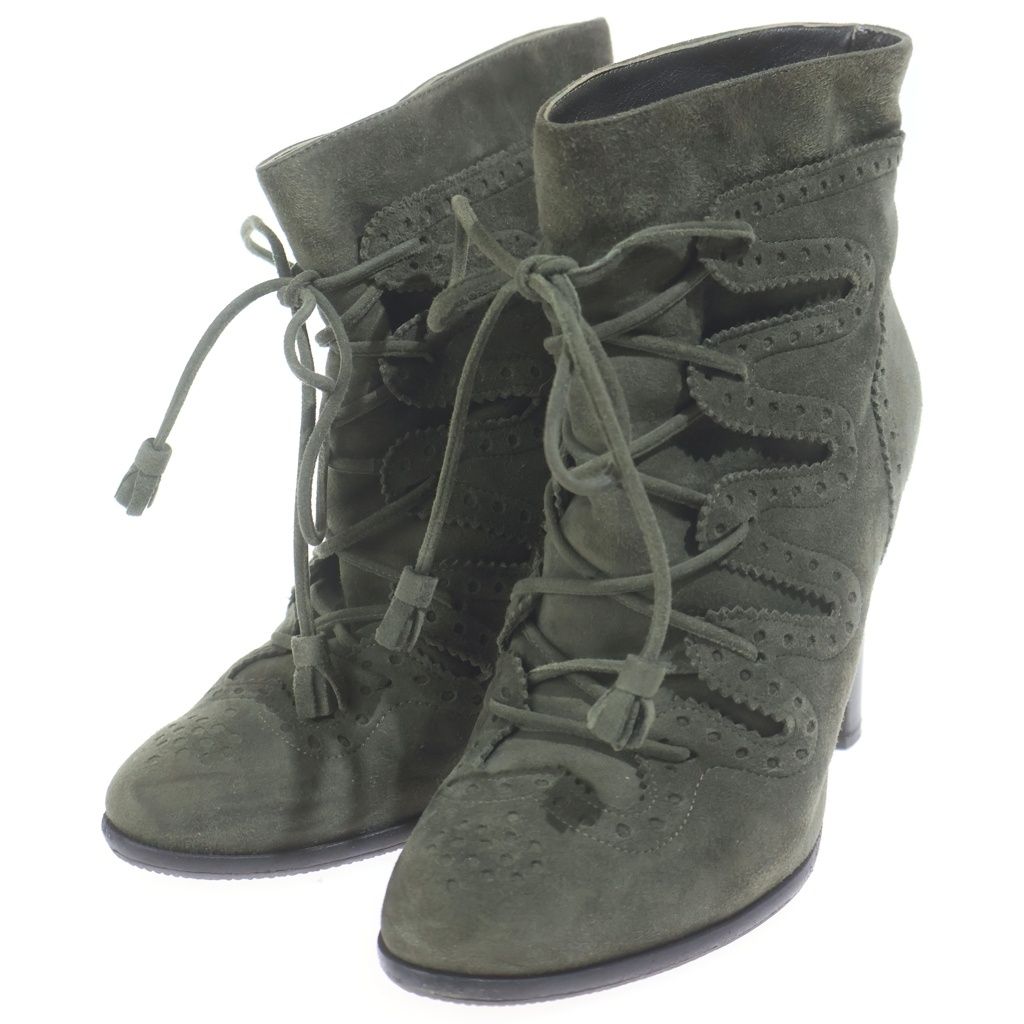 Hermes Medallion Lace Up Heels Short Boots Khaki Suede Shoes — view 2