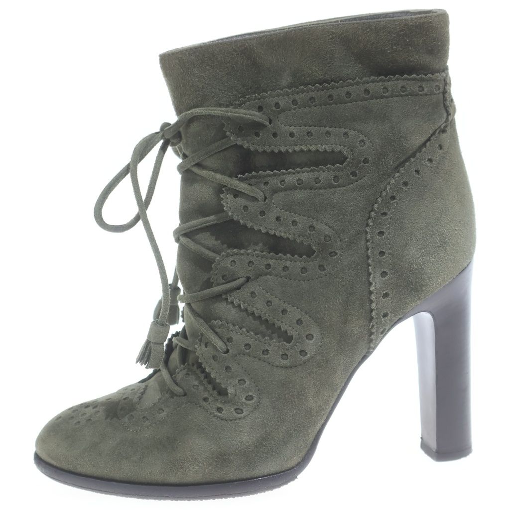 Hermes Medallion Lace Up Heels Short Boots Khaki Suede Shoes