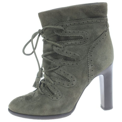 Hermes Medallion Lace Up Heels Short Boots Khaki Suede Shoes