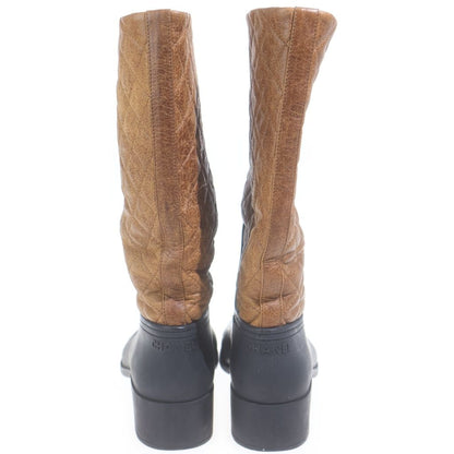 Chanel Quilted CC Logo Leather Rubber Long Rain Boots Shoes Black Brown — view 3