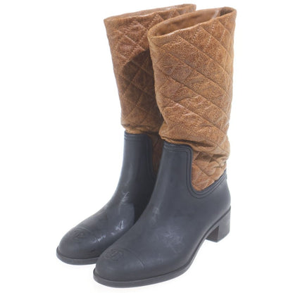 Chanel Quilted CC Logo Leather Rubber Long Rain Boots Shoes Black Brown — view 2
