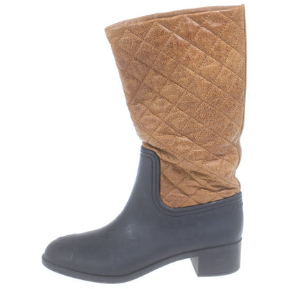Chanel Quilted CC Logo Leather Rubber Long Rain Boots Shoes Black Brown