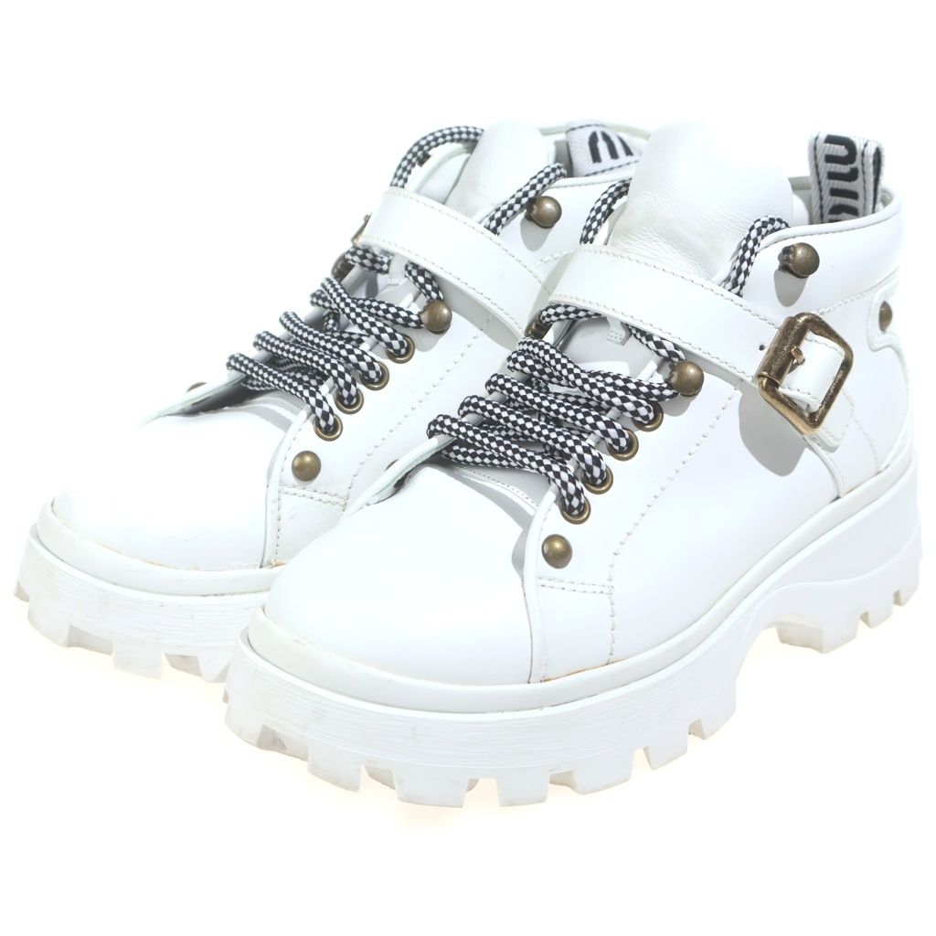 Miu Miu Platform Leather Lace Up Short Boots Shoes White — view 2