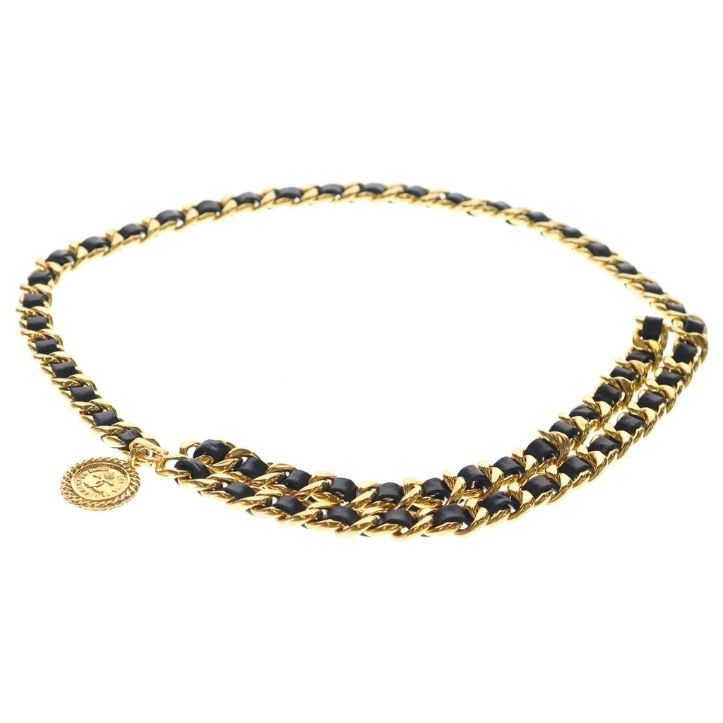 Chanel CC Logo Leather Chain Belt Black Gold